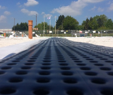 GP® VOID VENT is a geocomposite void former composed of a cuspated High Density Polyethylene (HDPE) Drainage core with a non-woven polypropylene (PP) geotextile separator/filter bonded to one side.